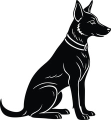 Sitting Dog Silhouette Vector, Loyal Guard Dog in Black Ink Style Illustration