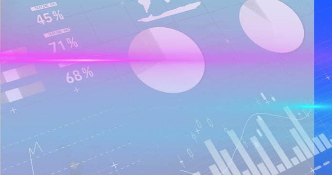 Displaying 3D spheres floating over analytics UI, with percentage labels, testing bars, pink streak