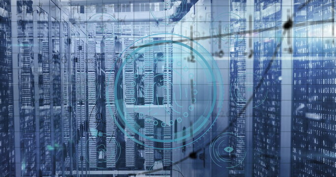 Central server rack unit showing holographic network graphics in data center, with LED indicators