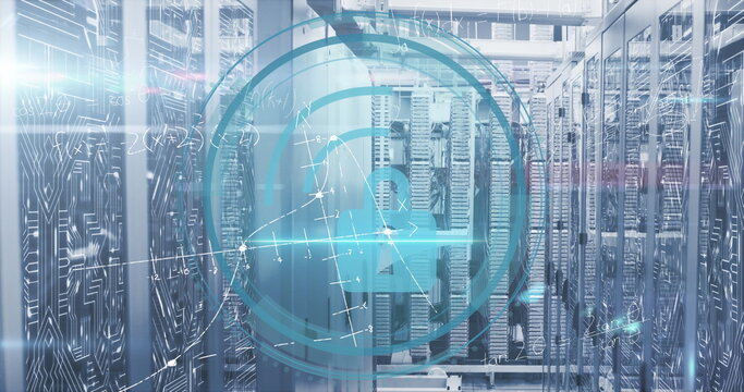 Displaying digital padlock icon overlaying IT room aisle with patch cables and circuit overlays - Powered by Adobe