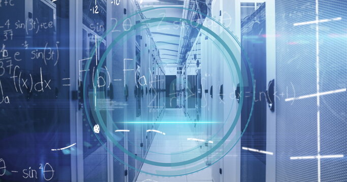 Illuminating data center corridor showing LED lights, servers, network cabling and HUD overlays