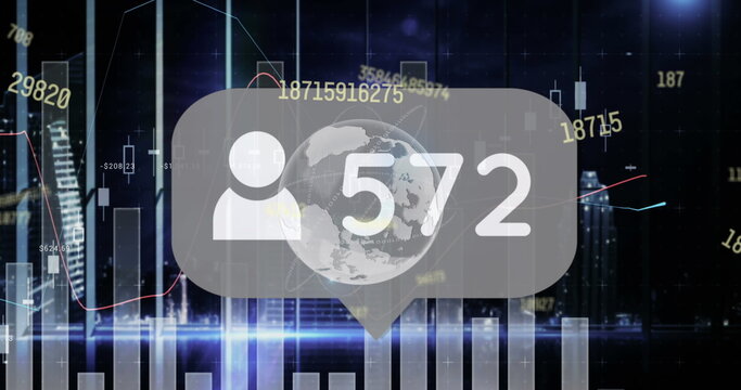 Floating speech-bubble overlay featuring avatar, globe, 572 label over chart-filled dashboard