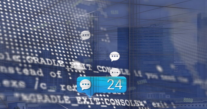 Chat notification bubble floating over city skyline showing number 24, with white speech bubbles