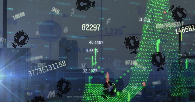 Displaying green dotted arrow over city skyline at dusk, with candlestick bars and financial values - Powered by Adobe
