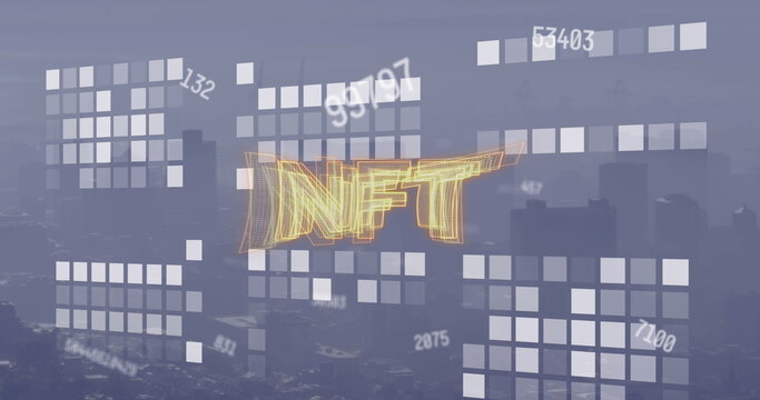 Floating golden wireframe NFT hovering over skyline at dusk with translucent grids and numeric data