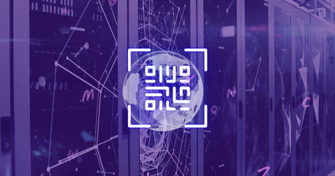 Displaying digital globe rotating in data center aisle, with server racks and scanning square frame