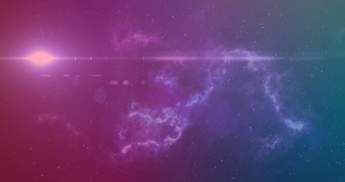 Fototapeta Glowing purple-teal nebula cloud glimmering in space, with horizontal lens flare and distant stars