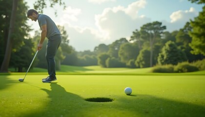 Fototapeta premium Man Putting Golf Ball on Green Course with Sunlit Trees