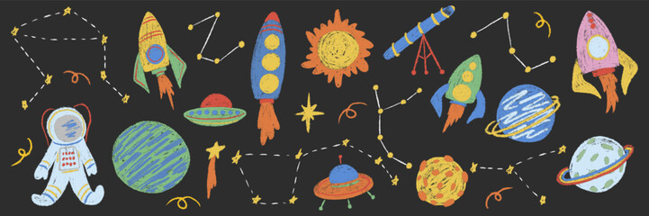 Kids chalk drawings galaxy big set. Collection freehand child baby hand drawn scribble elements. Textured planet, stars, astronaut, rocket, telescope, alien UFO spaceship. Vector illustration isolated © Marharyta