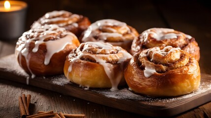 Delicious scandinavian cinnamon rolls with pearl sugar cozy bakery food photography rustic setting mouthwatering concept