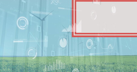 Spinning wind turbines generating power in green field, with floating data charts and red-edged box
