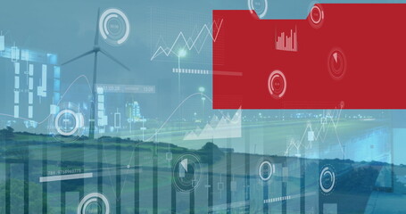 Displaying wind turbine overlaying dashboards at wind farm, with charts, HUD readouts, red UI panel