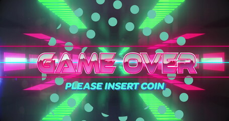 Displaying neon pink GAME OVER and cyan PLEASE INSERT COIN on retro arcade screen, light beams
