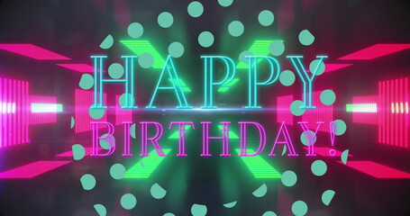 Floating glowing neon HAPPY BIRTHDAY text hovering on virtual stage, with teal dot overlays