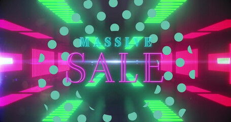 Neon MASSIVE SALE sign glowing in dark digital tunnel, with streaming light bars and green circles