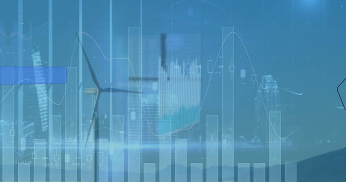 Standing wind turbine projecting blue financial data over grassy hill overlooking city skyline