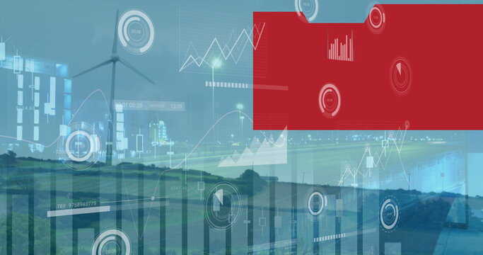 Displaying wind turbine overlaying dashboards at wind farm, with charts, HUD readouts, red UI panel - Powered by Adobe