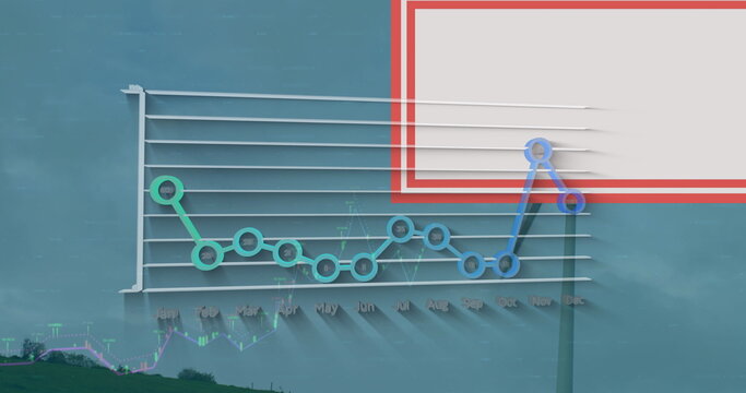 3D line chart floating on dashboard, with month markers, candlestick overlay and red signboard