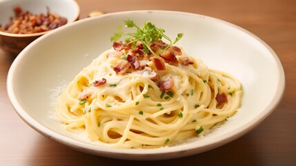 Delicious spaghetti carbonara with creamy sauce italian restaurant food photography warm ambiance close-up culinary delight