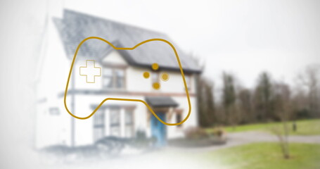 Showing stylized gold game controller outline covering house with lawn, curved walkway and trees