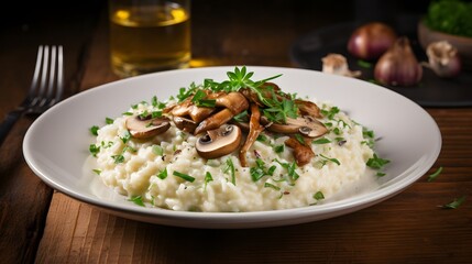 Delicious creamy risotto with wild mushrooms italian restaurant food photography rustic setting close-up gourmet experience