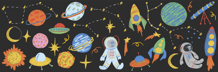 Kids chalk drawings galaxy big set. Collection freehand child baby hand drawn scribble elements. Textured planet, stars, astronaut, rocket, telescope, alien UFO spaceship. Vector illustration isolated