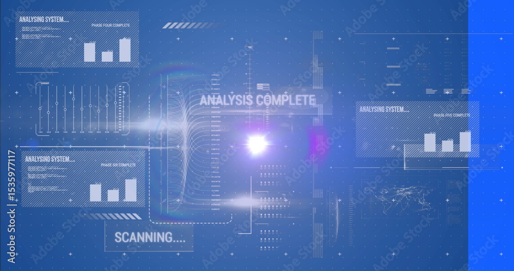 Poster holographic data interface displaying charts and status text labels in console, with glowing flare