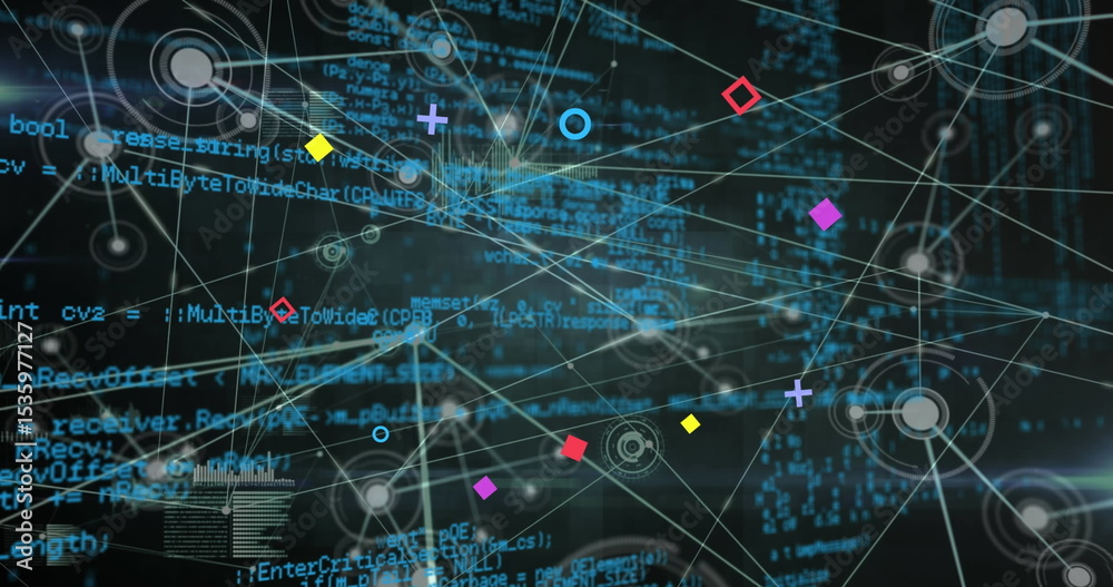Poster displaying abstract digital network in data environment, with colored geometric nodes and code text