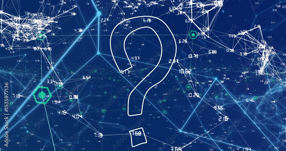 Poster displaying white question mark in network with lines linking nodes, numbers and green hexagons