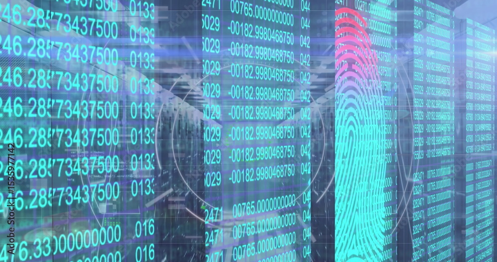 Poster Displaying turquoise fingerprint graphic overlaying scrolling numeric code in server rack aisles