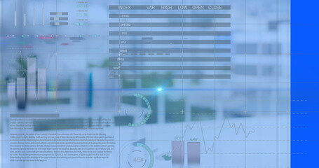 Floating financial interface at blurred office desk with candlesticks, gauges and index table