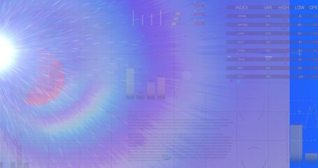 Showing futuristic interface on screen, with lens flare rings, light lines, charts and index table