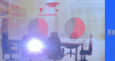 Casting projector beam illuminating conference table and chairs in meeting room with data overlays