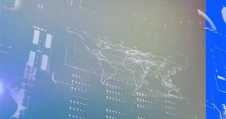 Displaying holographic world map hovering over console, with grid lines lat or long markers and dots