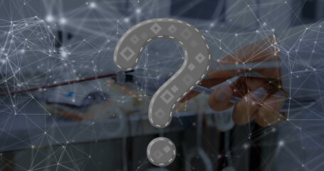 Showing hand plugging network connector with pliers in rack with question mark digital node overlay