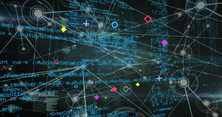 Displaying abstract digital network in data environment, with colored geometric nodes and code text