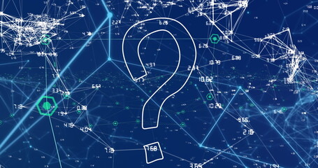 Displaying white question mark in network with lines linking nodes, numbers and green hexagons