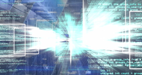 Bursting central light sending source code streams in virtual workspace, with floating code panels