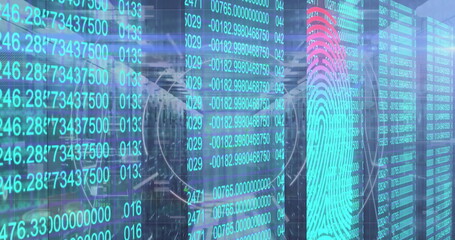 Displaying turquoise fingerprint graphic overlaying scrolling numeric code in server rack aisles
