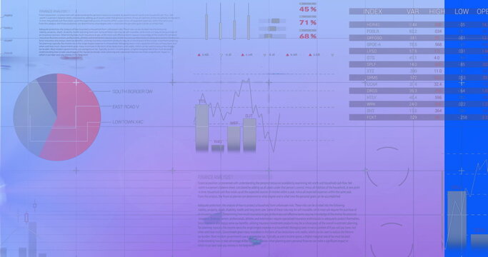 Digital dashboard showing charts and tables on purple blue gradient, with pie chart line bar charts