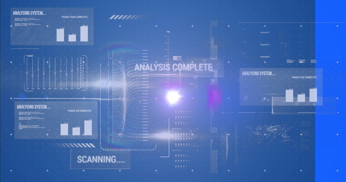 Holographic data interface displaying charts and status text labels in console, with glowing flare