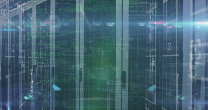 Displaying server rack aisle in data center corridor, with blinking LEDs and binary code - Powered by Adobe