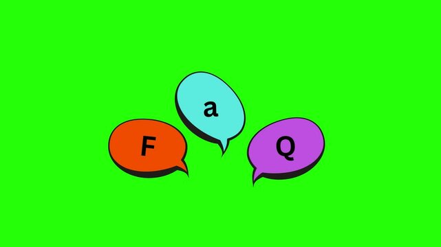 4K Video of FAQ Speech Bubbles on Green Background, colorful speech bubbles, each labeled with a letter from "FAQ," set against a vibrant green backdrop.