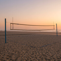 A volleyball net on a quiet, sandy beach against a soft-hued sky at sunrise or sunset. A peaceful scene of summer sports and recreation.
