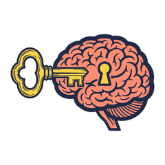 golden key unlocking a brain with a keyhole, cartoon illustration