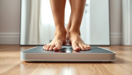 Close-up studio shot of a person standing on a digital bathroom scale