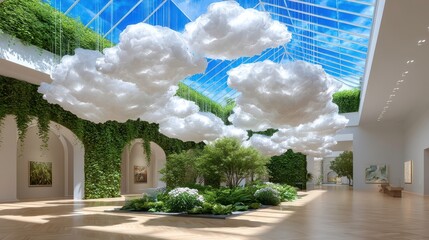 Indoor Garden, Green Wall, and Cloud Installation Art in Modern Architecture