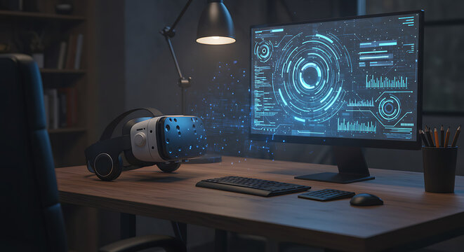 A virtual reality headset on a desk in a dark room, with a computer screen displaying a futuristic user interface. Concept of VR, AR, and metaverse.
