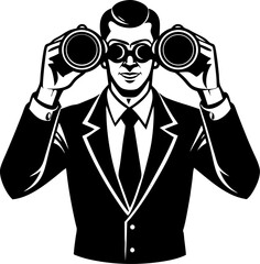 A professionally dressed businessman in a smart suit is looking through binoculars with a confident look in this monochrome illustration