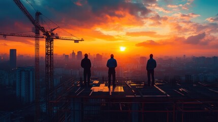 Fototapeta premium construction workers oversee the city's sunrise from a skyscraper development site highlighting urban progress and collaborative architecture with silhouettes and dramatic light